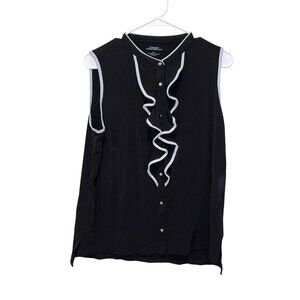 Carmen Marc Valvo Black Sleeveless Ruffle Front Blouse With White Trim Size L